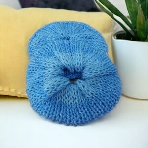 Hand Knit Set Of Two Blue Scrunchies